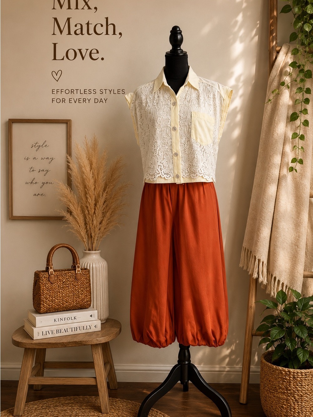Women’s Elastic Waist Rust Orange Bubble Pants - Picture 3 of 3